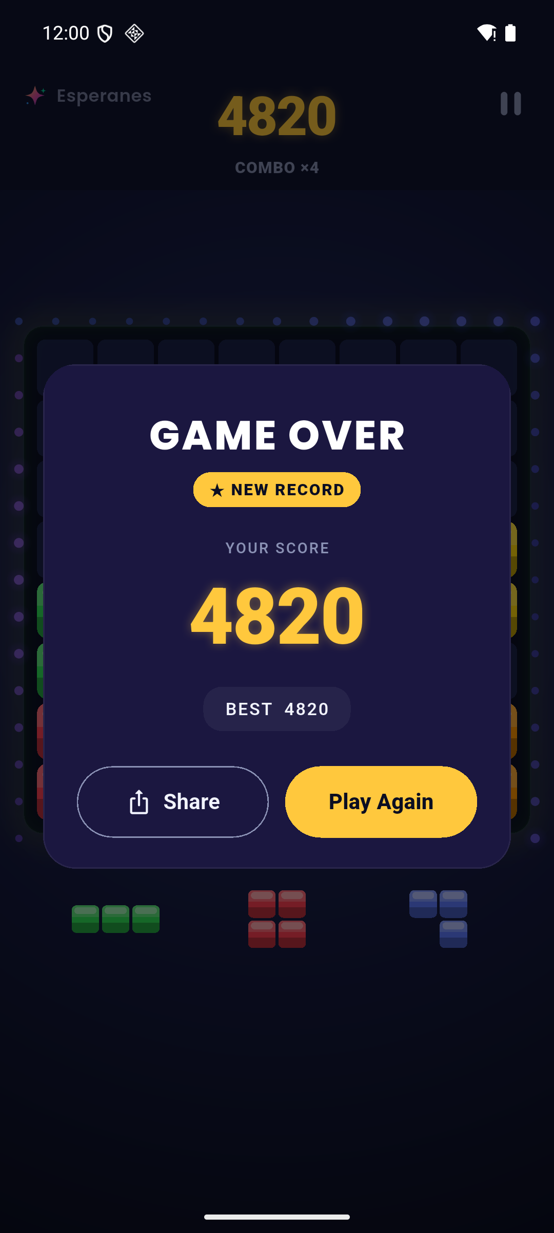 Game over screen showing a new record of 4820 points.