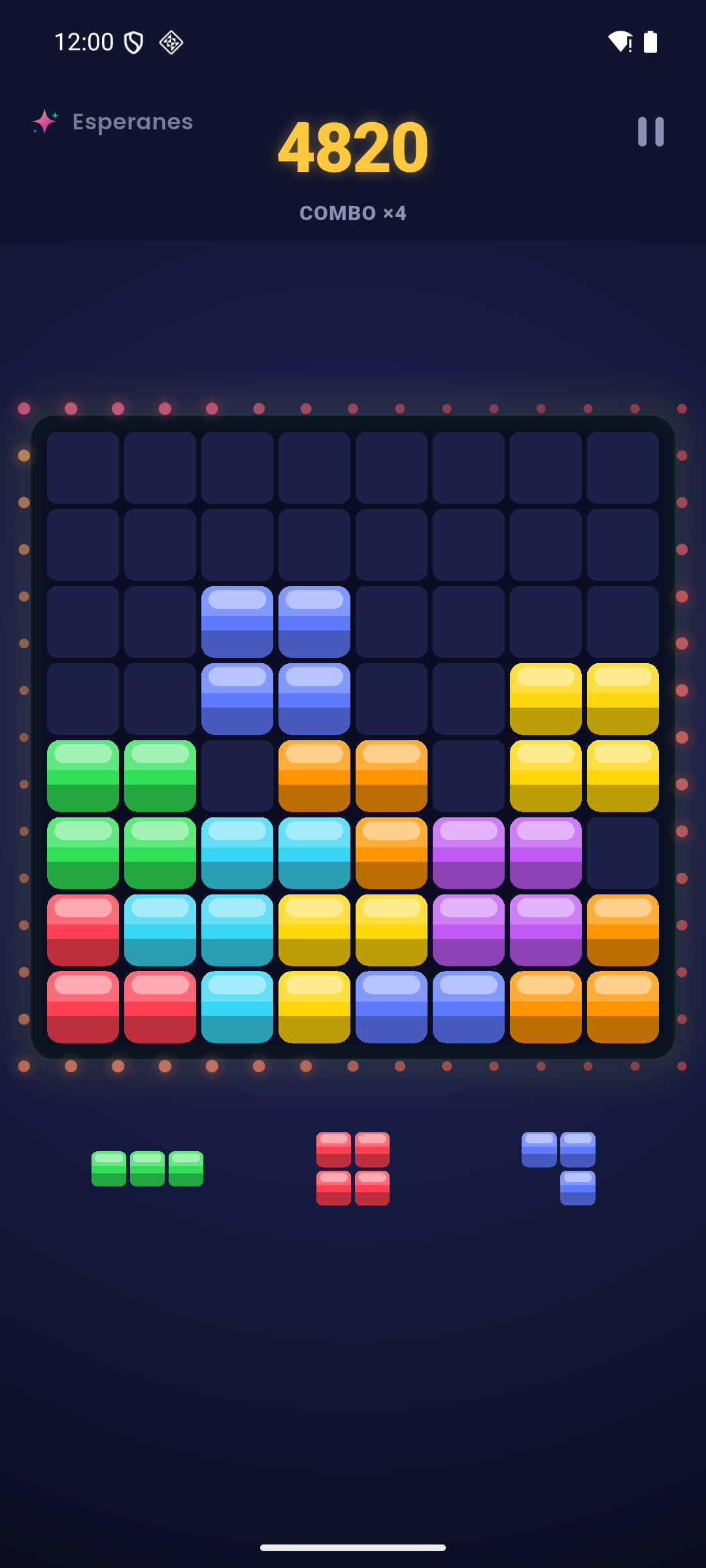 BLOCKS gameplay: an 8 by 8 board filled with coloured blocks, a score of 4820 and a ×4 combo.